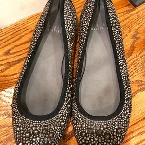 Stuart Weitzman Rhinestone Pebble Detail Black & Silver Flats Size 7 Narrow